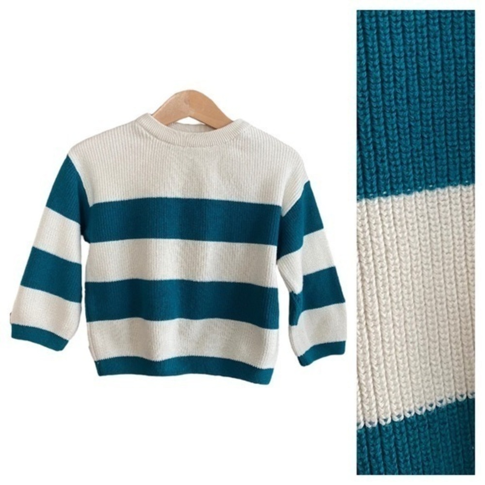 Zara Cream Teal Blue Rugby Stripe Knit Crewneck Sweater 18-24m